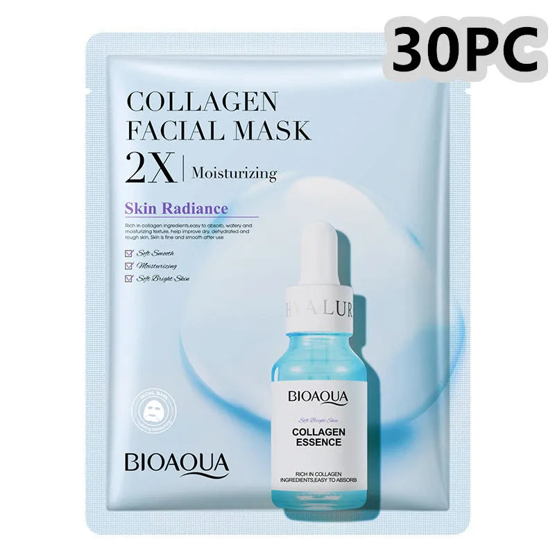 Single collagen facial sheet mask with 30g of clear gel on white background.