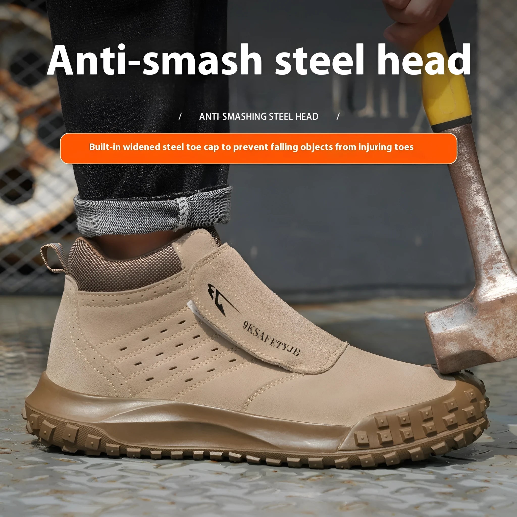 Lightweight grey sand coloured safety shoes with steel toe cap and lace-up front.