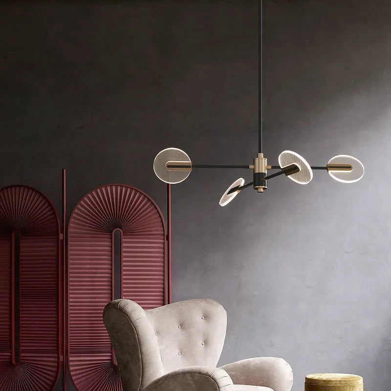 Nordic style iron frame LED chandelier with multiple acrylic shades, shown in a dining room setting.