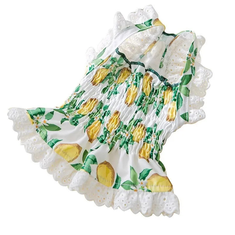 Rock yellow lemon polyester dog dress skirt with adjustable straps on small dog