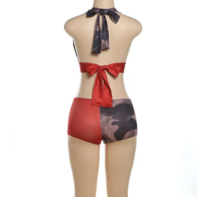 Red women's high waist bikini set with 3D printed pattern and hip lift design