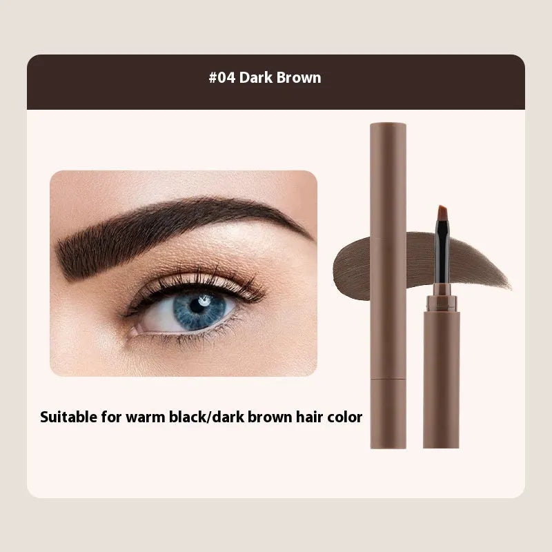 Dual-ended eyebrow cream in five colour shades including reddish brown, brown, light brown, dark brown, and black