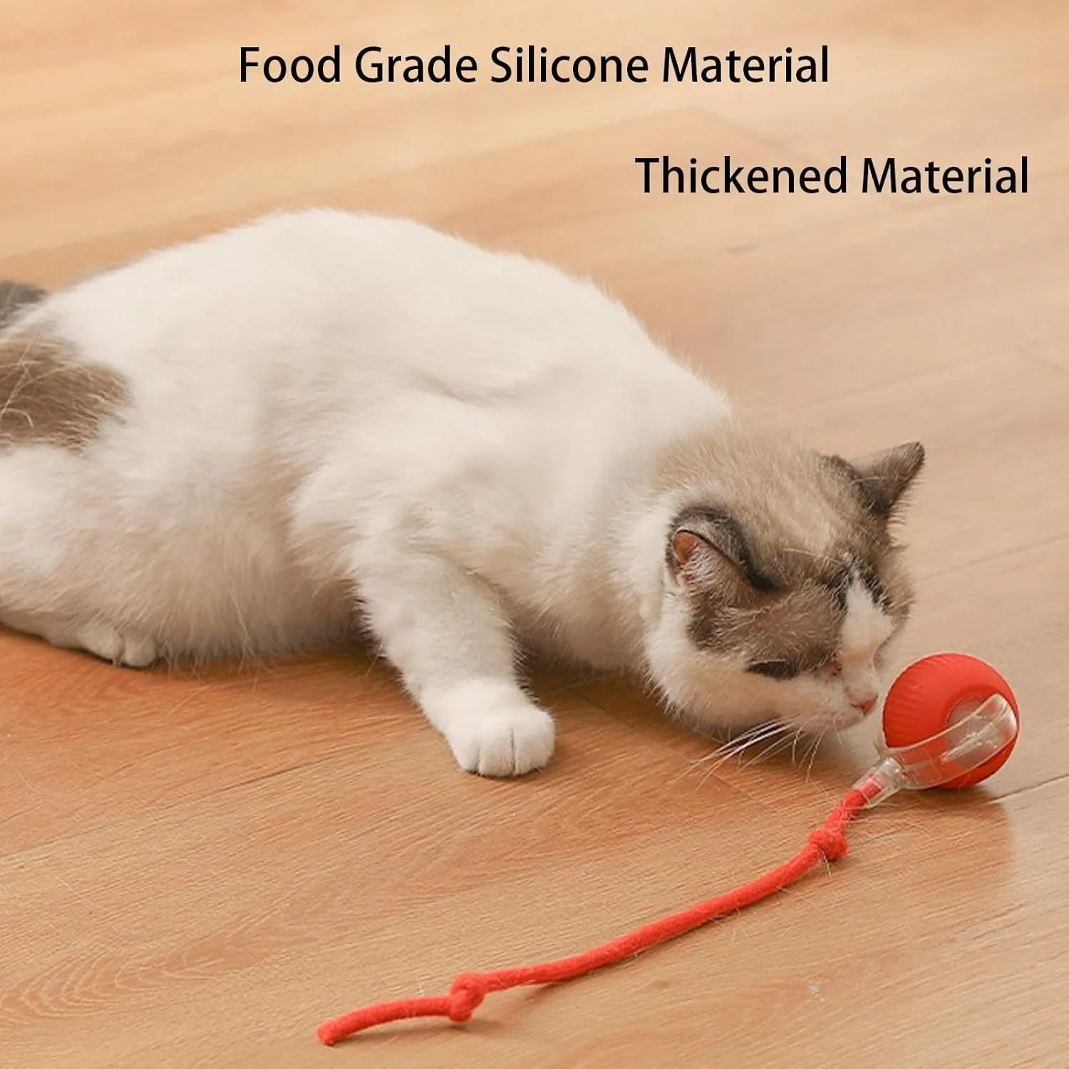 Grey interactive rolling ball pet toy with rope attachment measuring 6.5cm