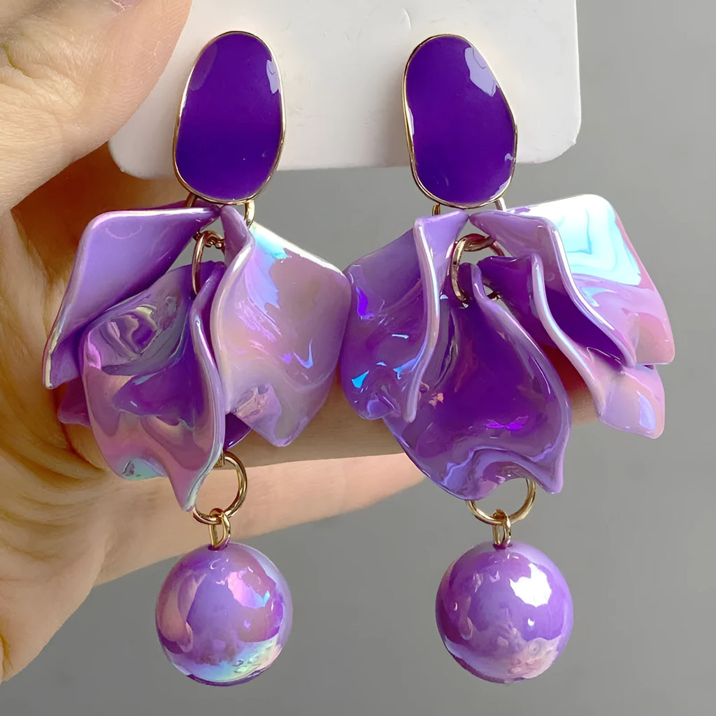 Long flower earrings in alloy with silver or gold plating, shown in purple, yellow, fairy white, rose red and nude pink