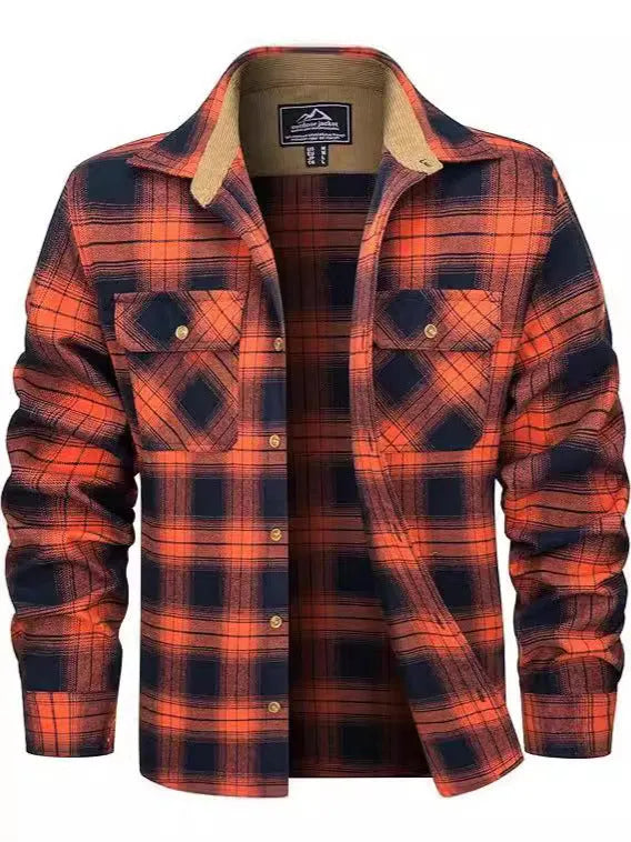 Men's polyester flannel button shirt with plaid pattern in multiple colour options