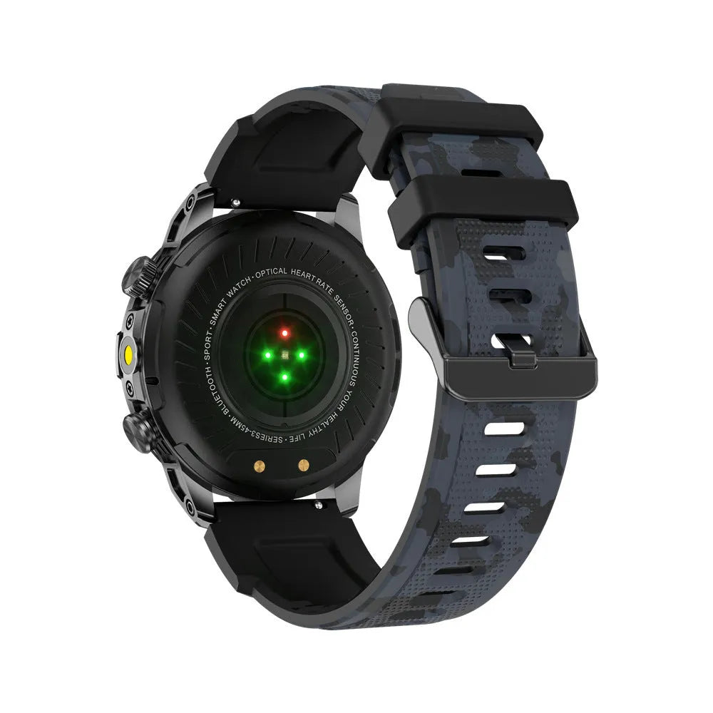 Sports smartwatch with AMOLED display on a silicone strap, showing a fitness tracking interface.
