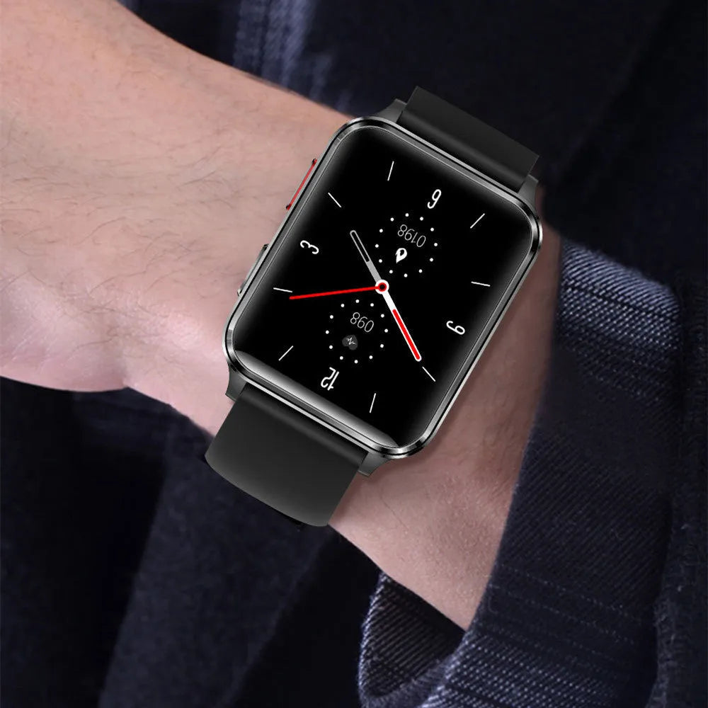 Air Type multi-sport smartwatch with 1.70-inch tempered glass screen and silicone wristband in blue, black, red, or leather options