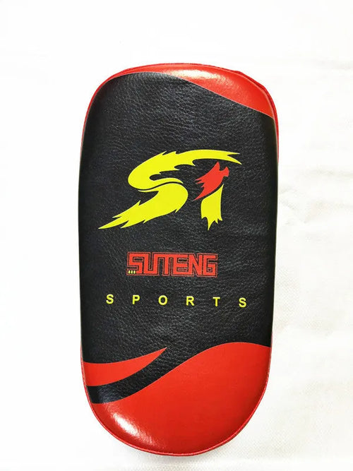 Black and red square hand-held martial arts training target pad with a buckle strap.