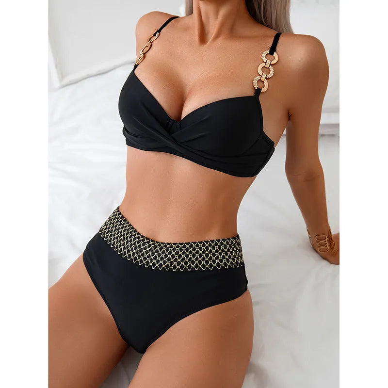 Black polyester bikini swimsuit with sleeveless top and briefs in European American style