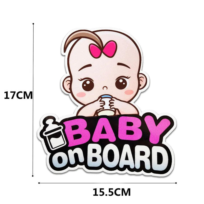 Baby on board reflective car bumper sticker on white background, showing example of baby-themed design.