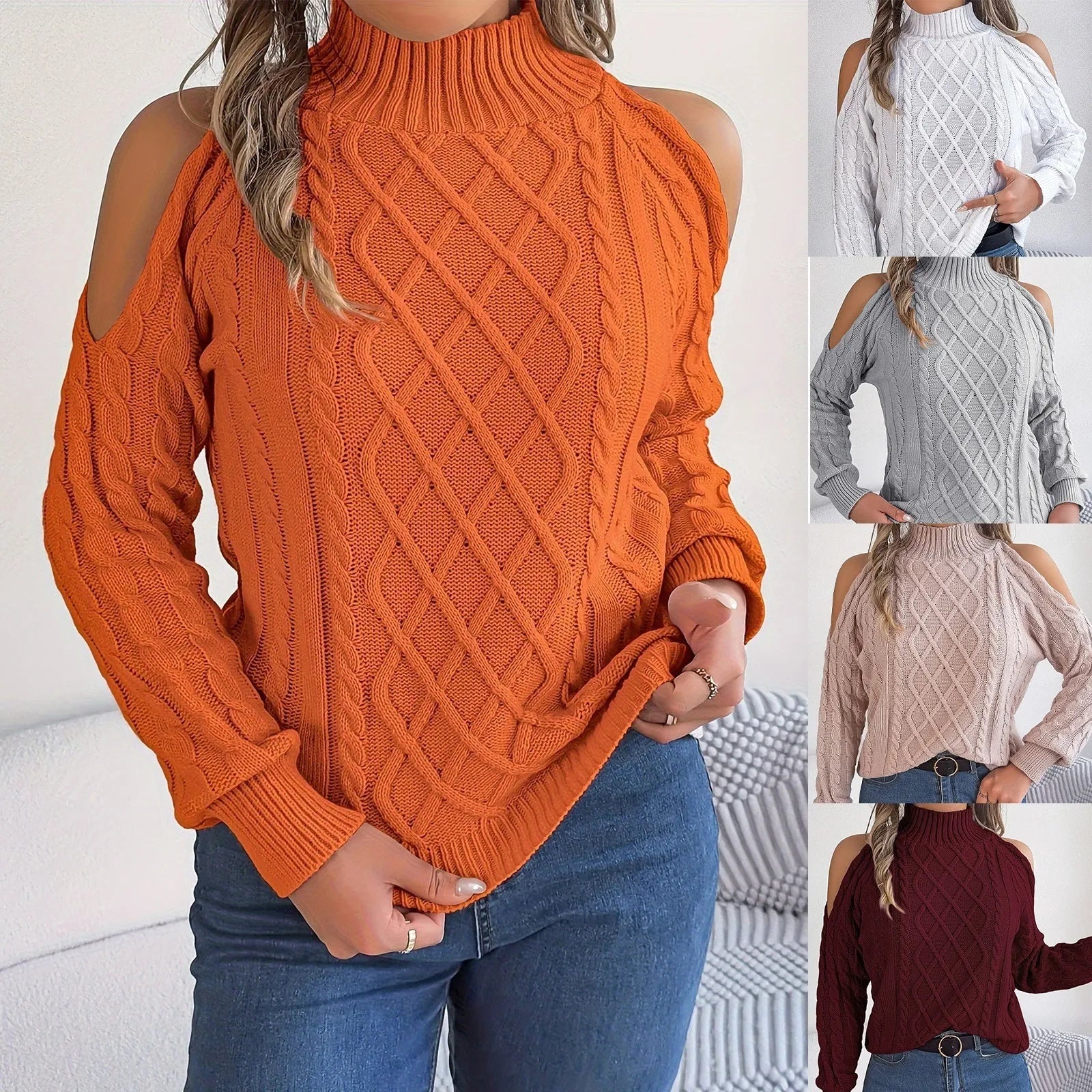 Women's strapless twist pattern sweater with lantern sleeves in wine red colour