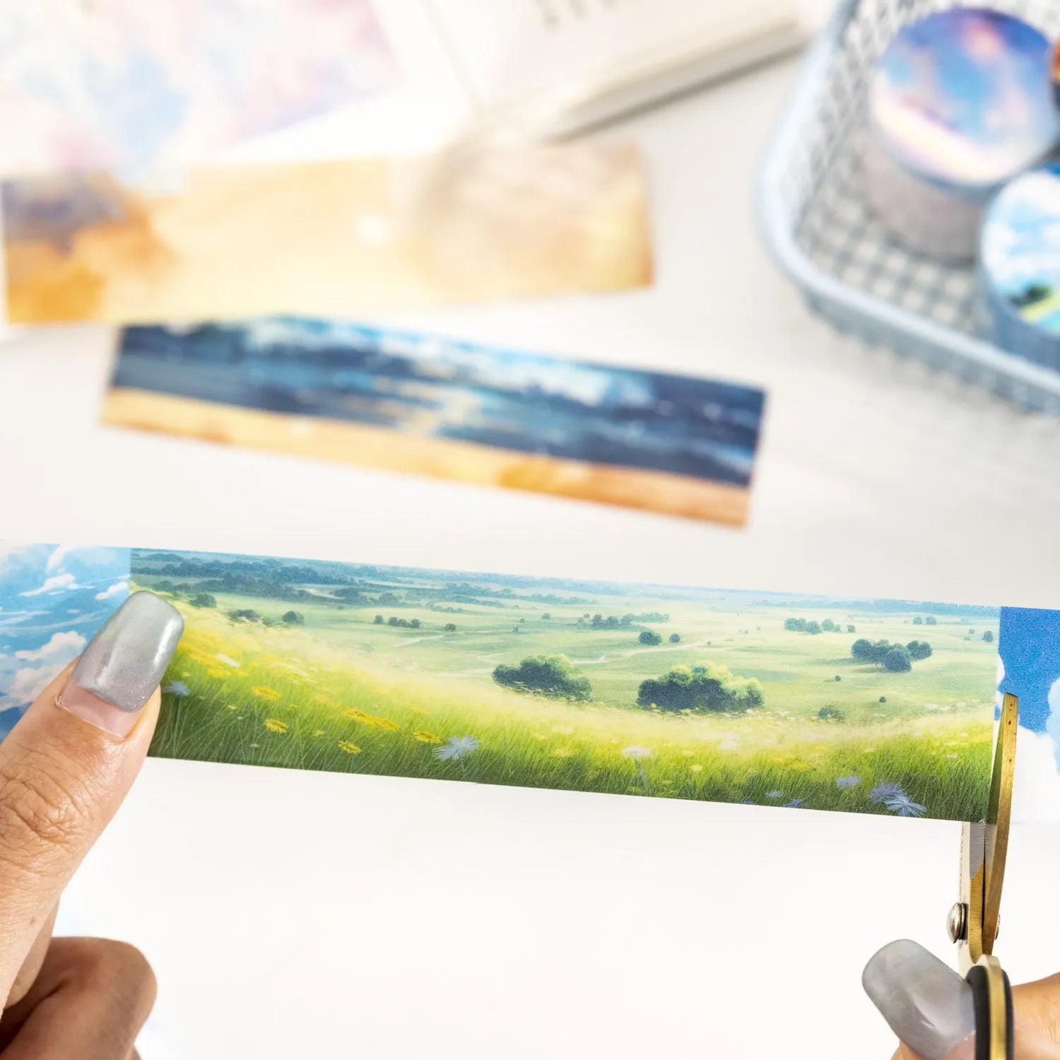 Japanese paper sky theme decorative washi tape roll showing colourful clouds design on 30mm width tape