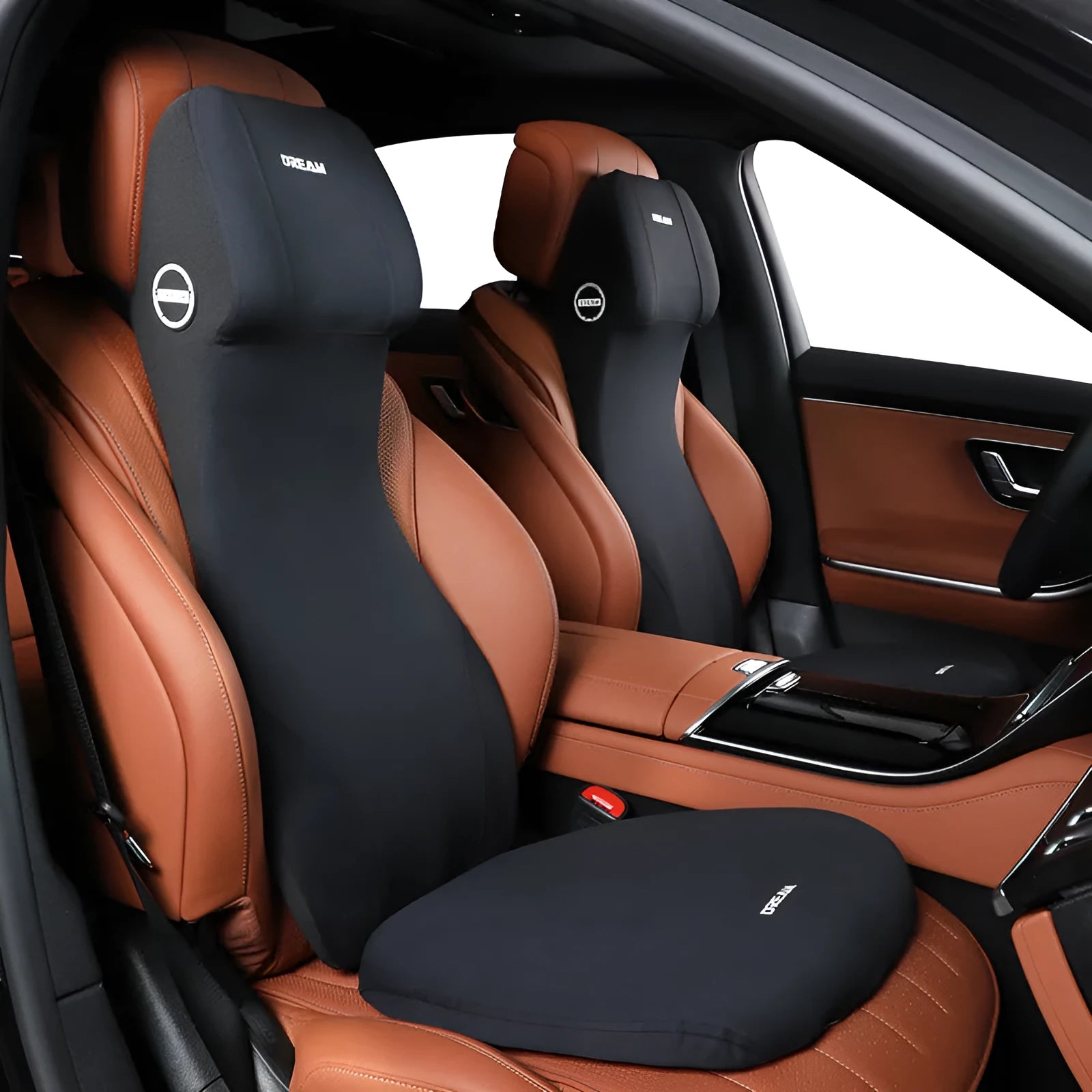 Black automotive memory foam mat showing integrated waist cushion and headrest lumbar support pillow on a car seat.