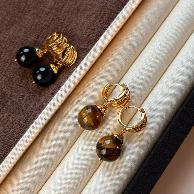 Maillard tigereye geometric earrings for women with real gold plating in brown and black colours