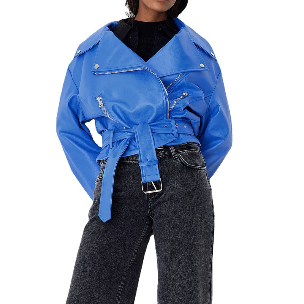 Black punk-style jacket with a Peter Pan collar and locomotive lapels, featuring a drawstring waist.