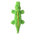 Green crocodile-shaped plush dog toy with a squeaker in the head and crinkle paper in the tail.