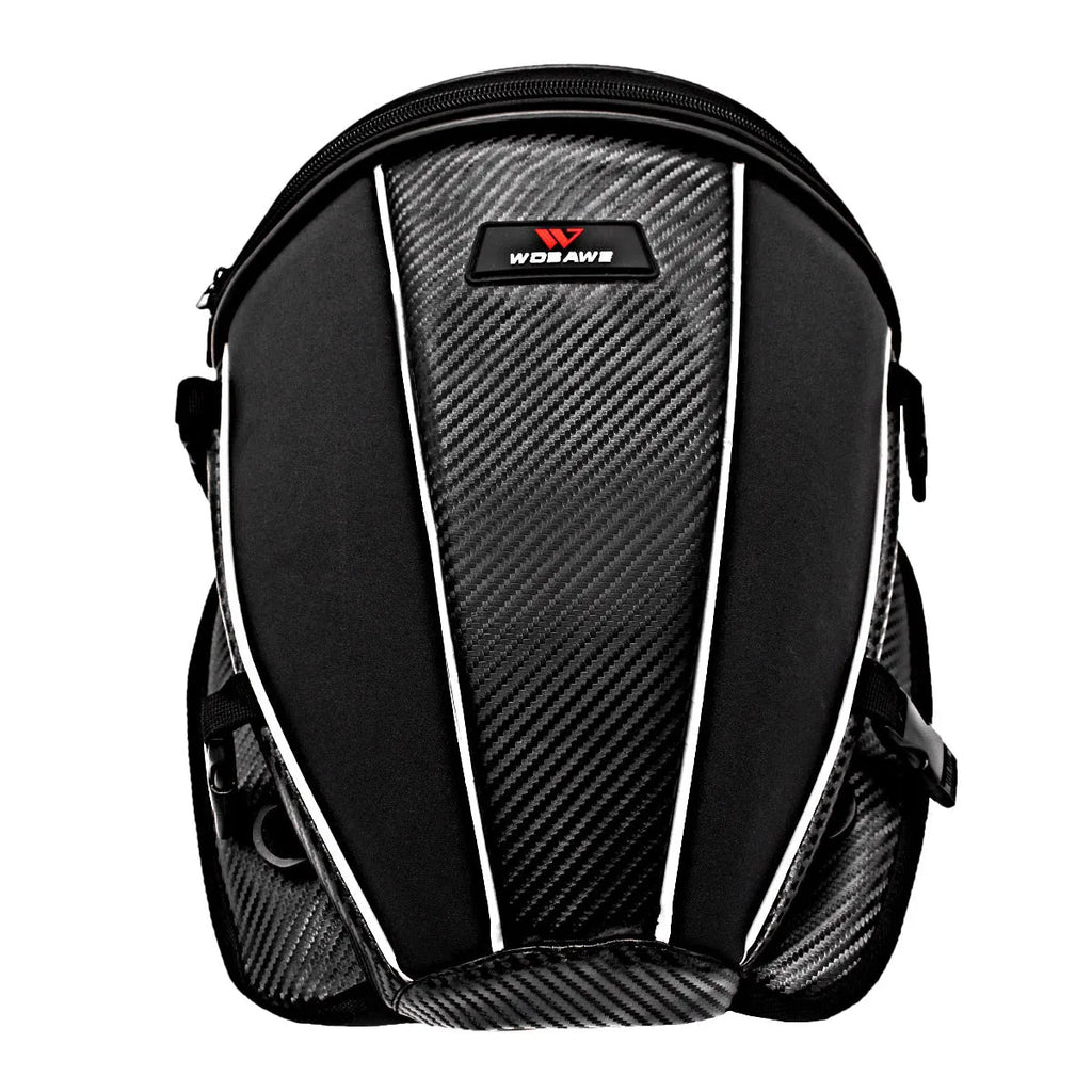 Black motorcycle seat bag with reflective lines and adjustable hooks for fuel tank or rear seat mounting