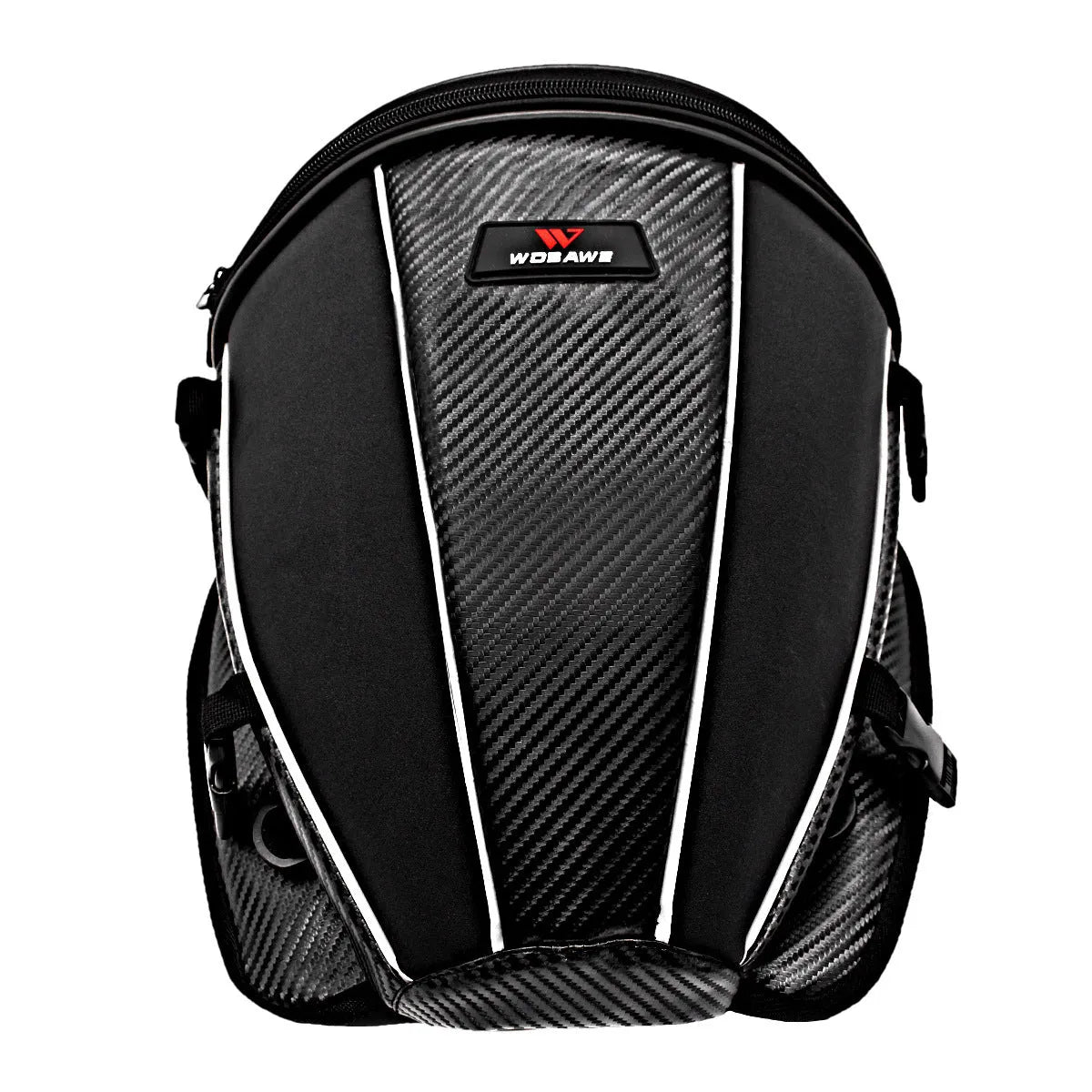 Black motorcycle seat bag with reflective lines and adjustable hooks for fuel tank or rear seat mounting
