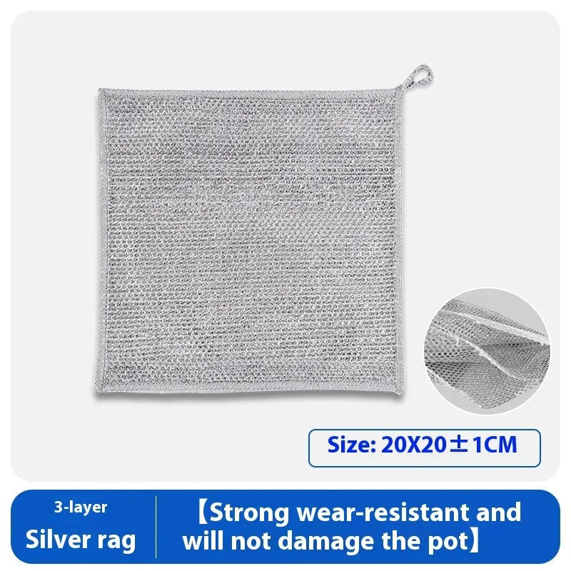 Silver silk and steel wire kitchen cleaning scrubber rag for pots and bowls.
