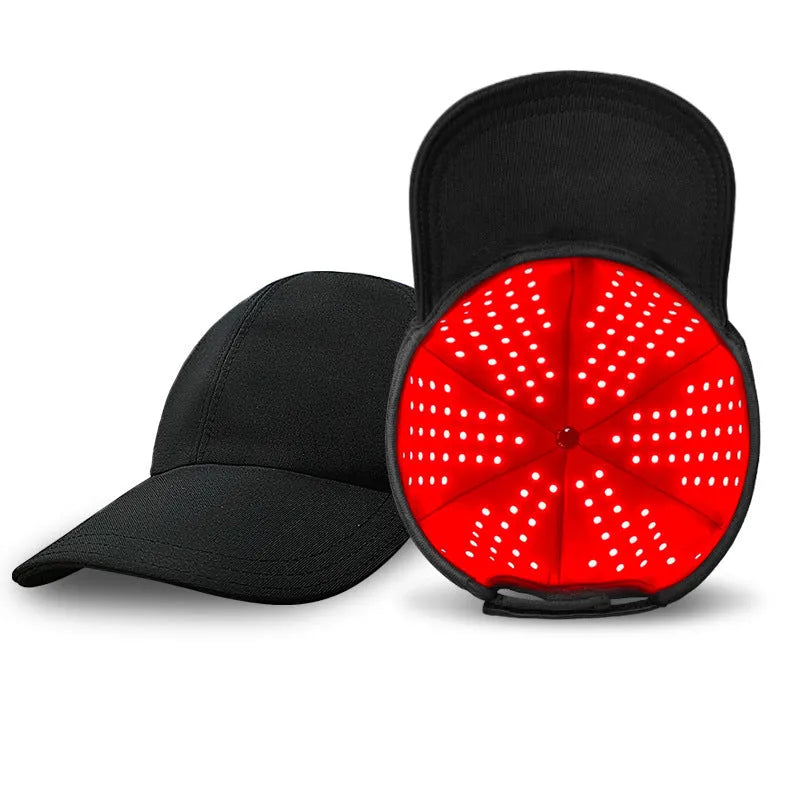 Black red light therapy cap with 180 LED bulbs for hair growth treatment