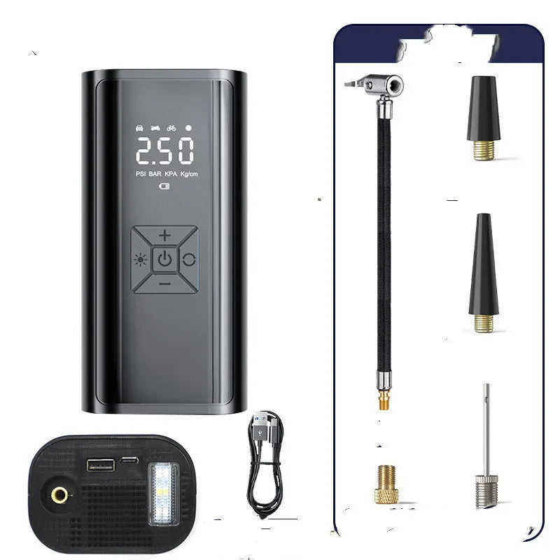 Portable wireless digital car tyre pump with display showing pressure reading