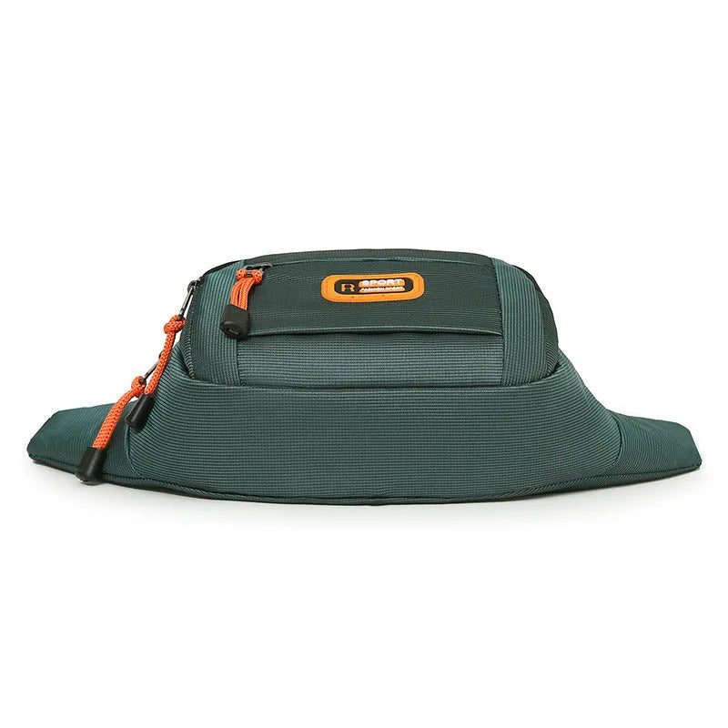 Large black waterproof slanted chest bag made of nylon, showing its front compartment and adjustable strap.