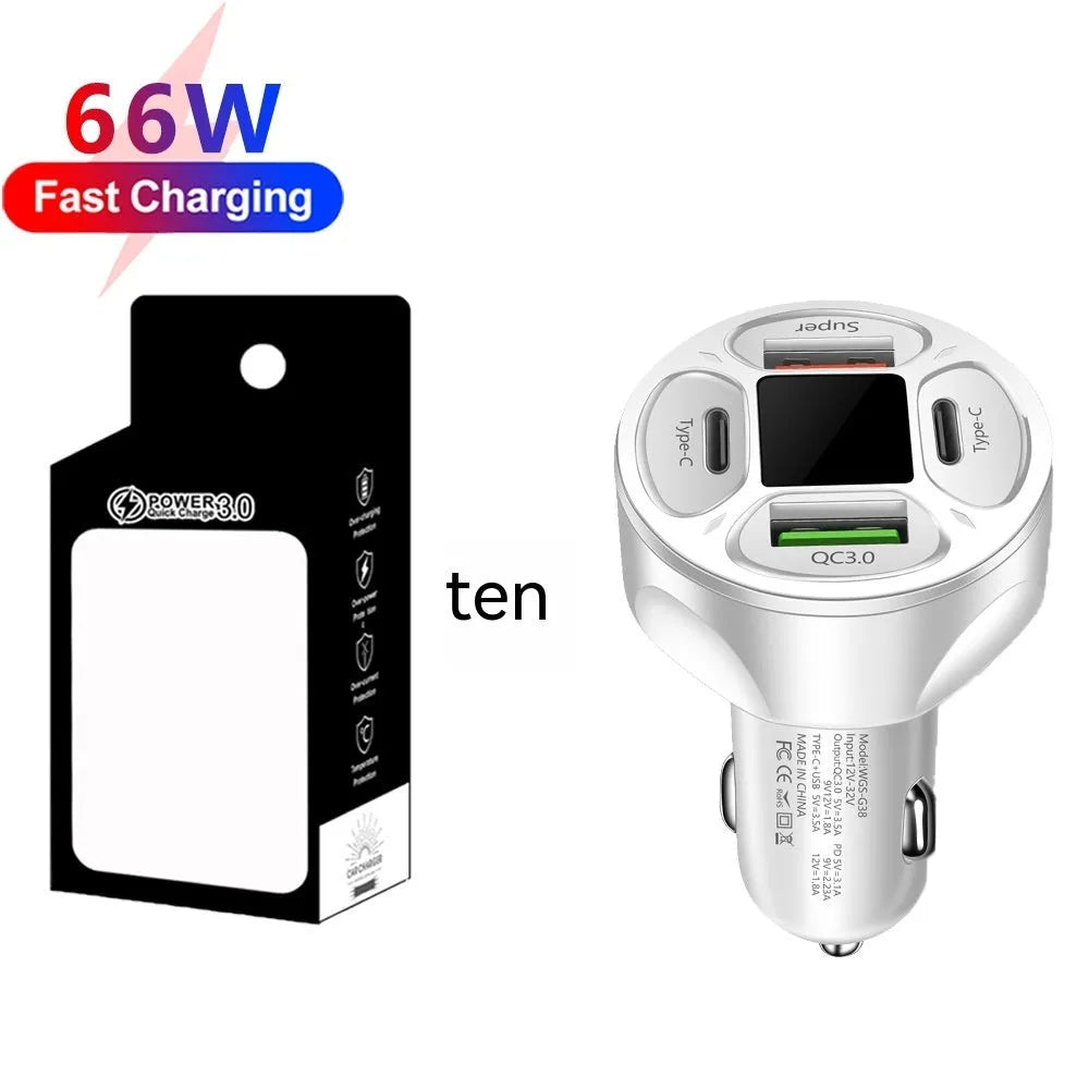 66W dual USB and dual Type-C car charger with digital display showing voltage reading