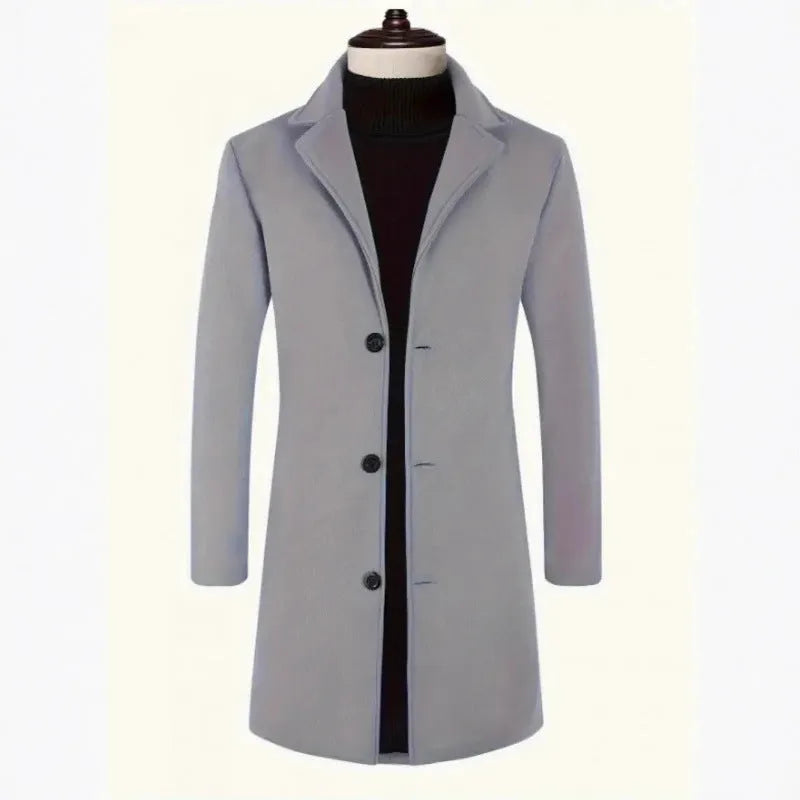 Men's loose fit solid colour trench coat in khaki, mid-length polyester outerwear with side seam pockets