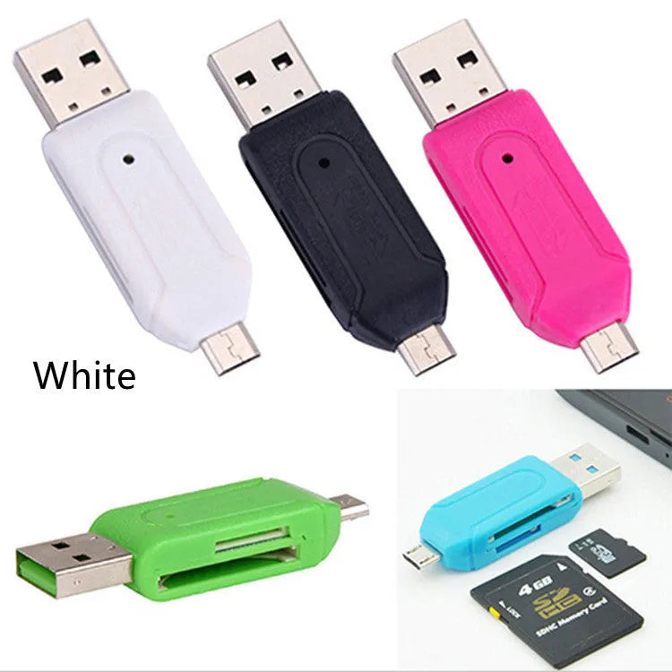 OTG dual-purpose card reader in black with micro USB plug and slots for SD and TF memory cards.