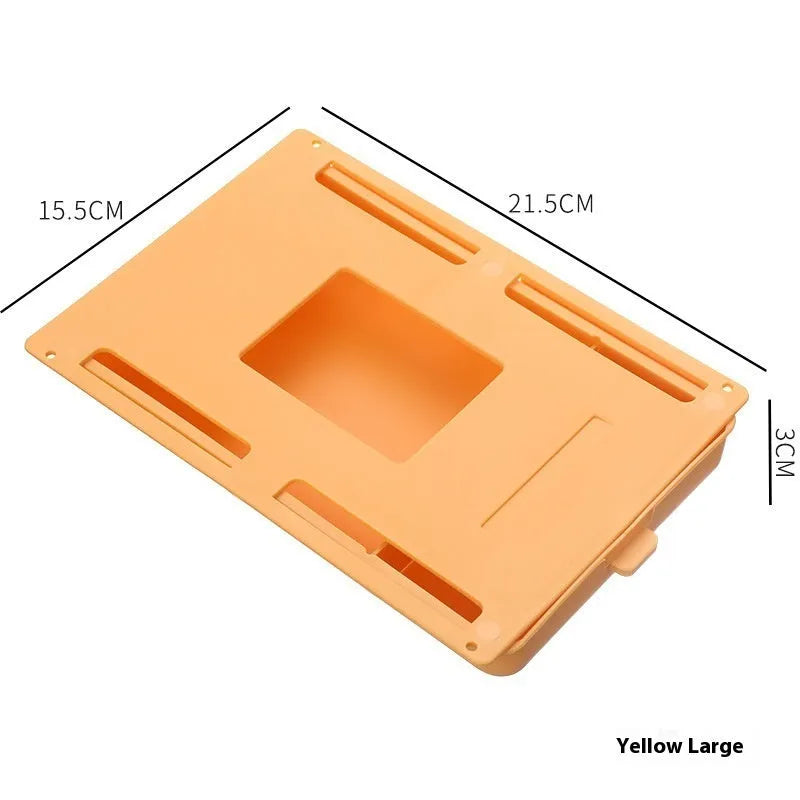 White plastic storage drawer with a cover and internal grid compartments, shown mounted underneath a wooden table.