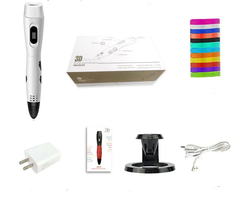White ABS 3D printing pen with USB cable and PLA consumables on original base in gift box