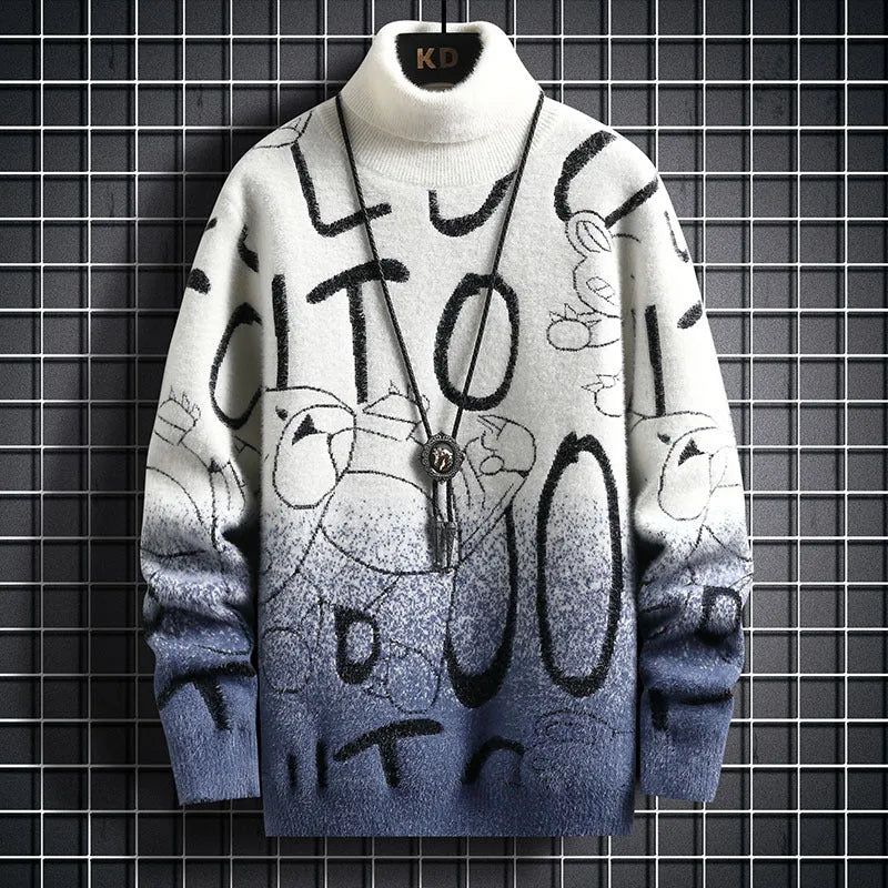 Men's gradient mink fleece turtleneck sweater, slim fit, long sleeve, high collar, nylon blend, rice and green colour
