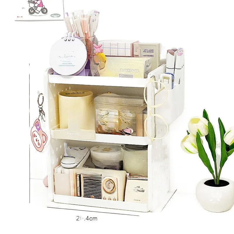 Beige plastic desktop storage rack with wire-wrap shelf, pen containers and hooks, 2-layer or 3-layer desk organiser