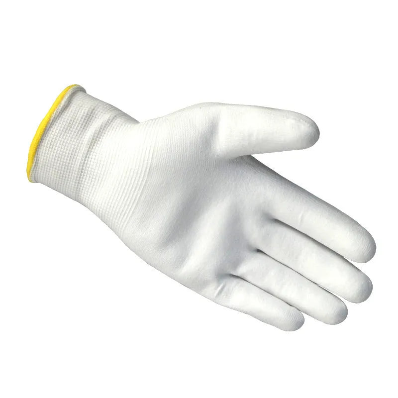 Ten pairs of white PU coated work gloves showing wear-resistant palms and 24cm length.