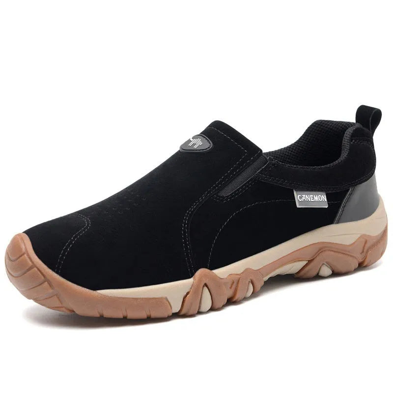Plus size men's suede casual shoes in black with a round toe, low-top design, and rubber sole.