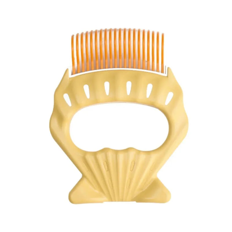 Green shell-shaped pet grooming comb with bent wire bristles and an anti-slip plastic handle.