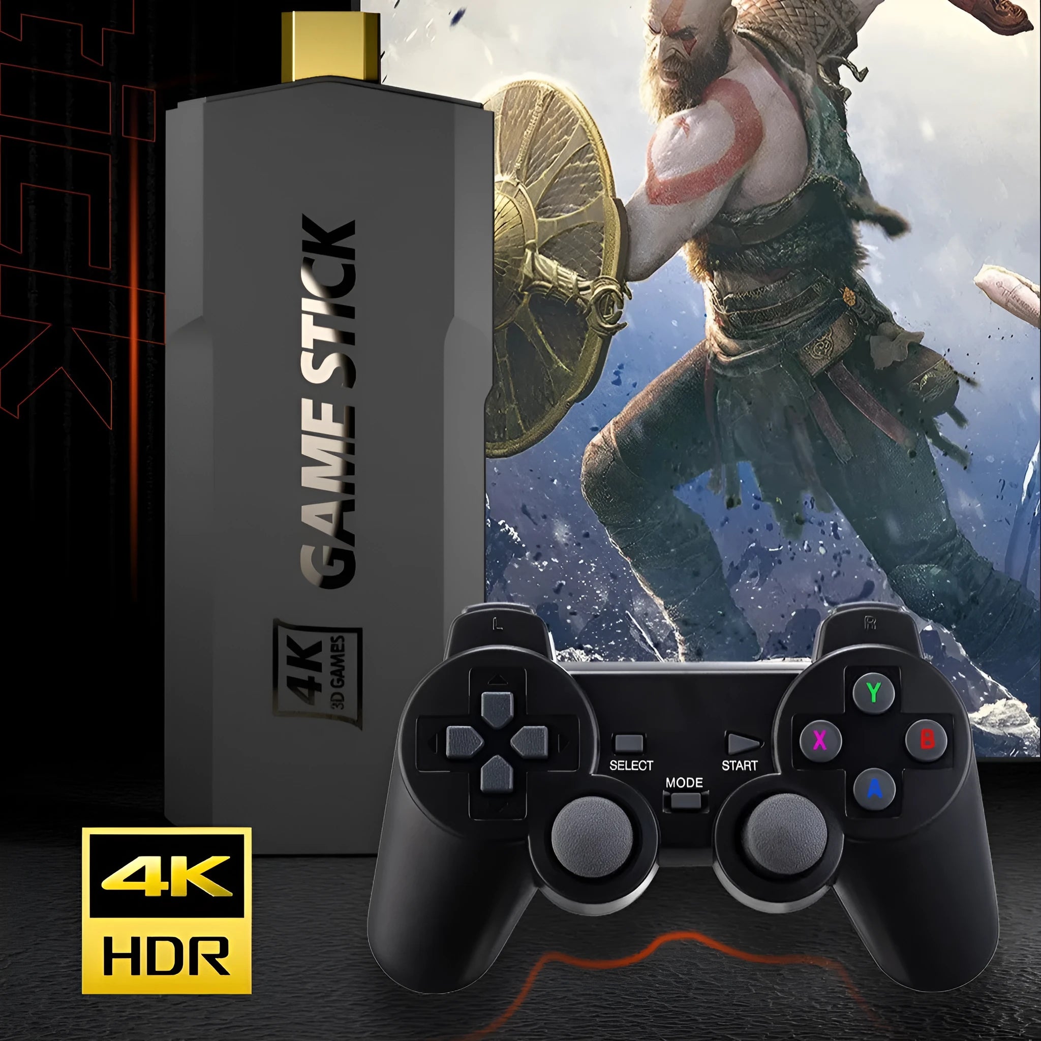 4K wireless game console with sport-style handle and HDMI cable on entertainment shelf