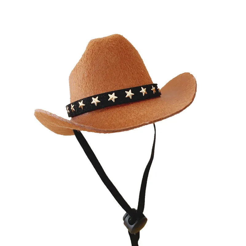 British-style brown cowboy hat for a cat with a black ribbon trim.