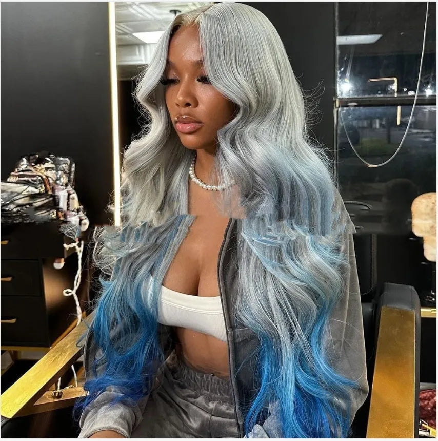 Grey and blue gradient human hair topper in Ruili style on a model, showing length options.