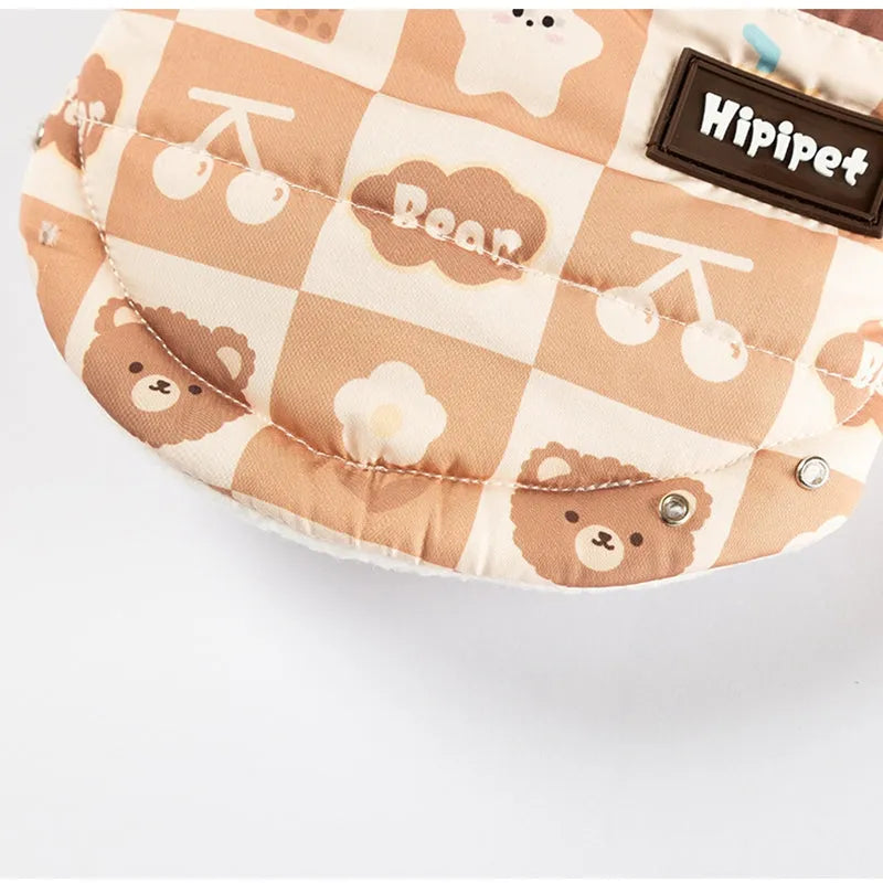 Quilted cotton-padded pet vest with integrated leash ring, retro bear or geometric print, brown or orange