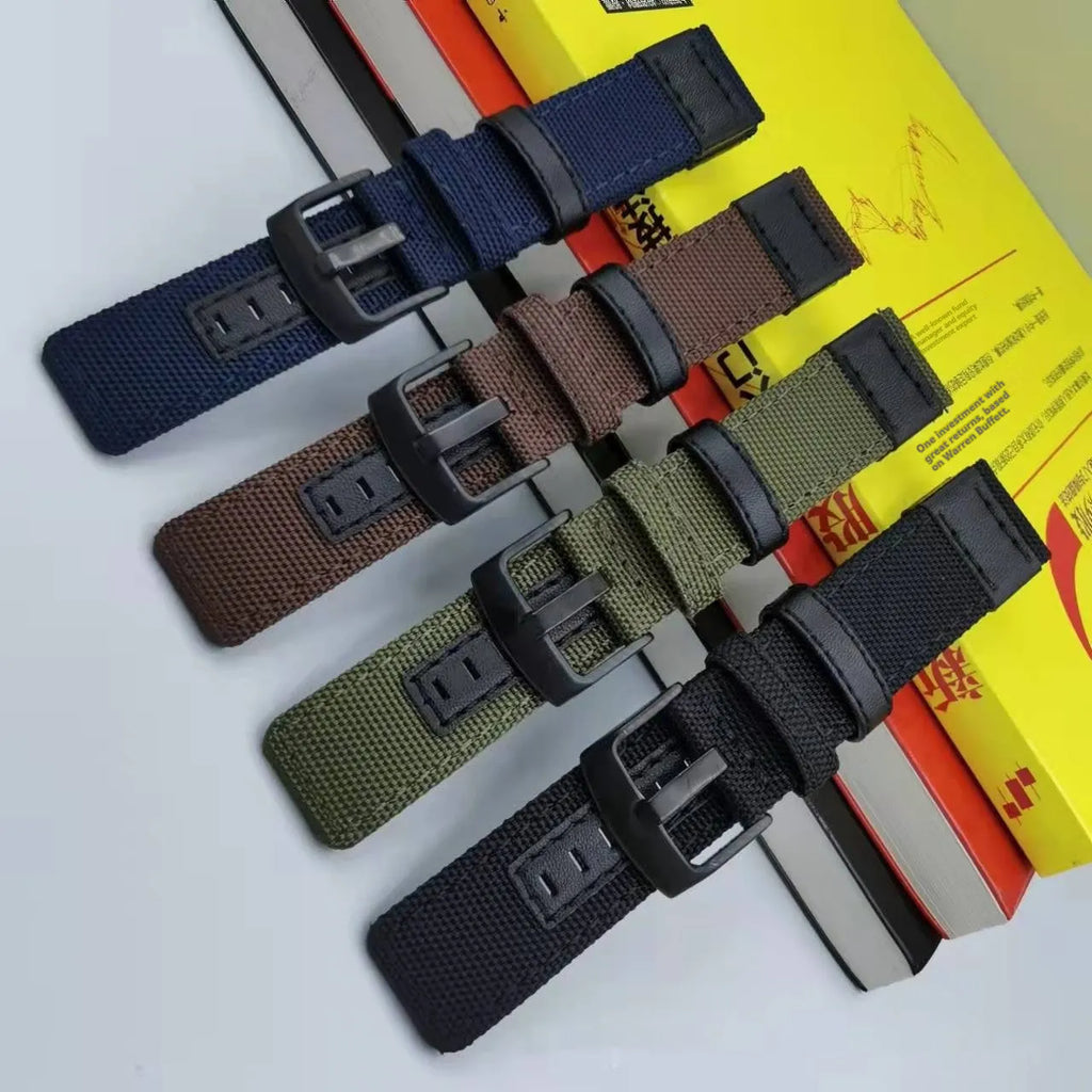 Oxford cloth replacement watch strap in army green showing short and extended length options for 20mm, 22mm, 24mm widths.