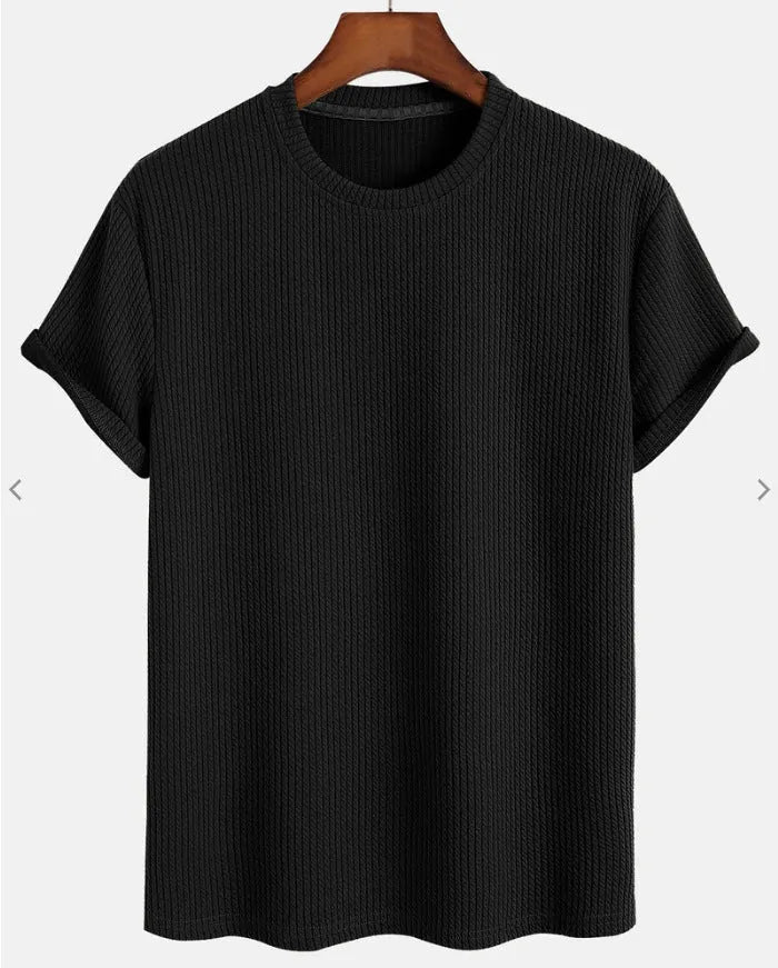 Men's solid colour loose round neck T-shirt in chemical fibre blend, available in black and other colours, sizes S to XL