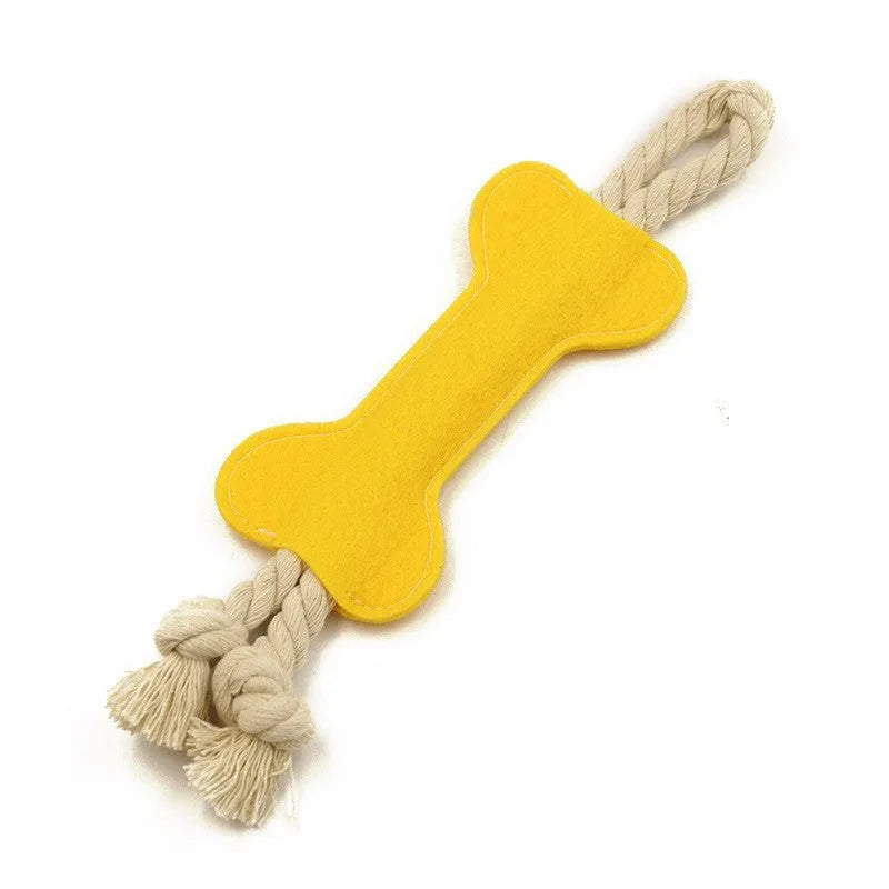 Felt bone shaped dog toy with rope knots in blue colour showing dimensions