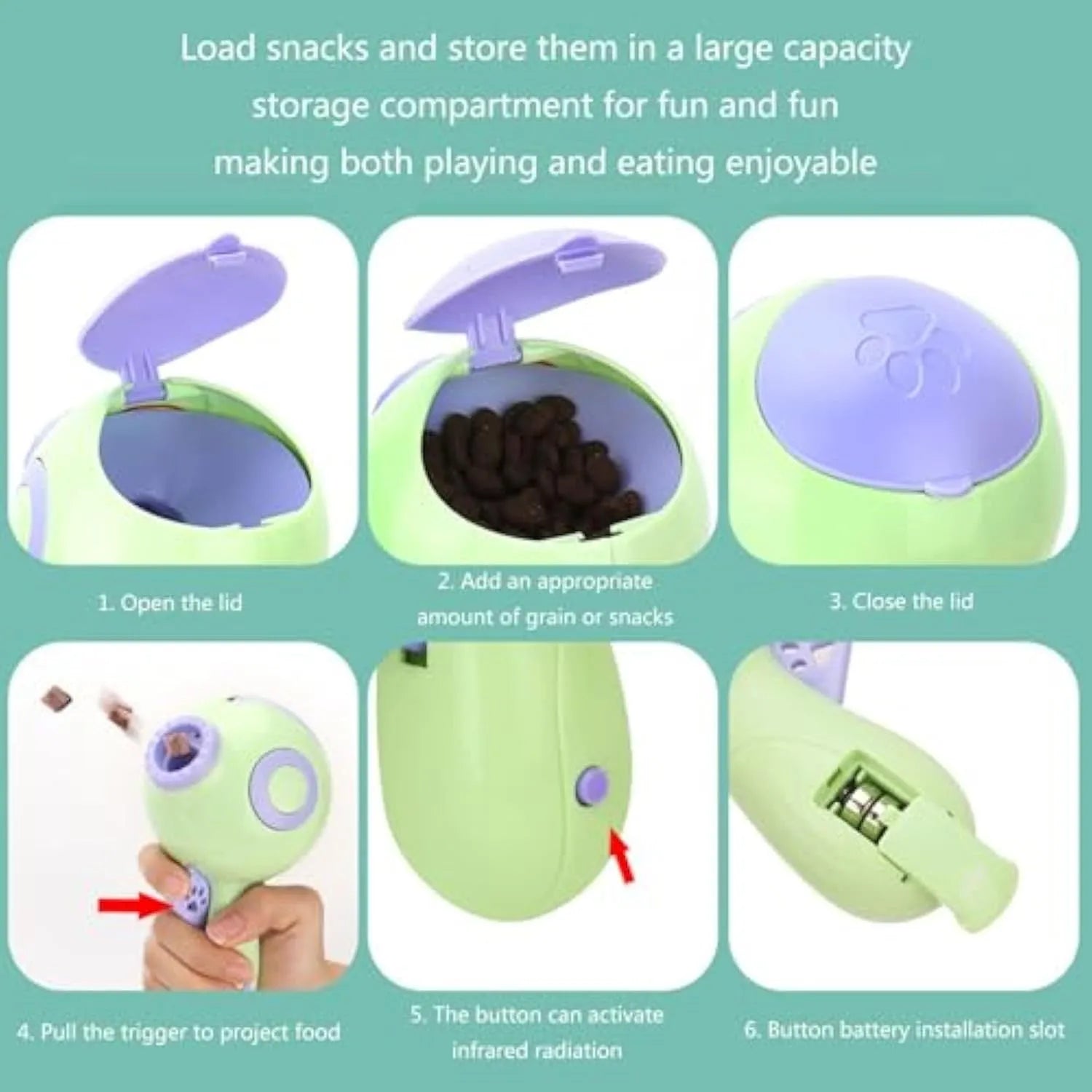Green dog treat launcher toy for interactive pet play and remote feeding