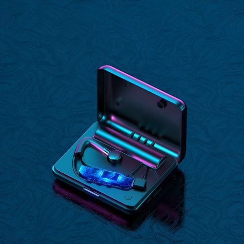 Black Bluetooth earphones with a charging warehouse case and silicone ear caps on a table.