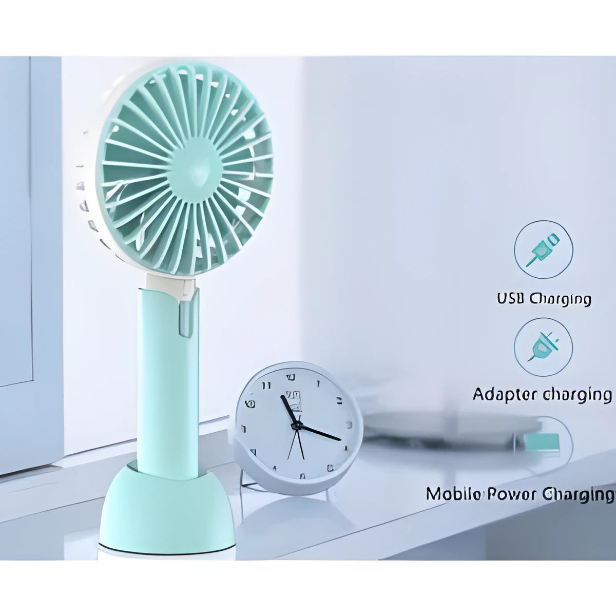 Blue handheld mini USB desk fan with three-speed control and shaking head