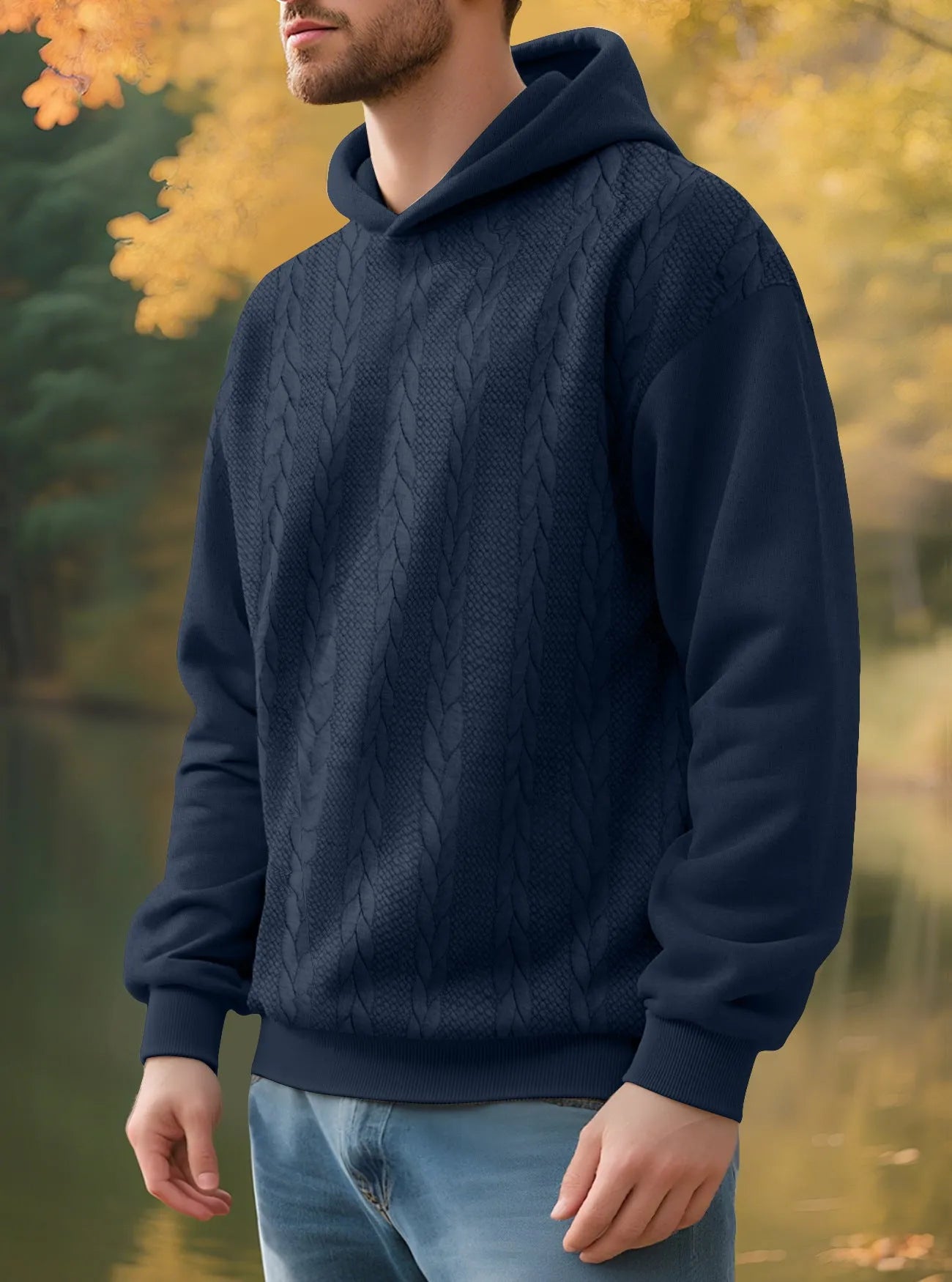 Men's casual thick jacquard hooded sweatshirt wool lined winter loose fit polyester