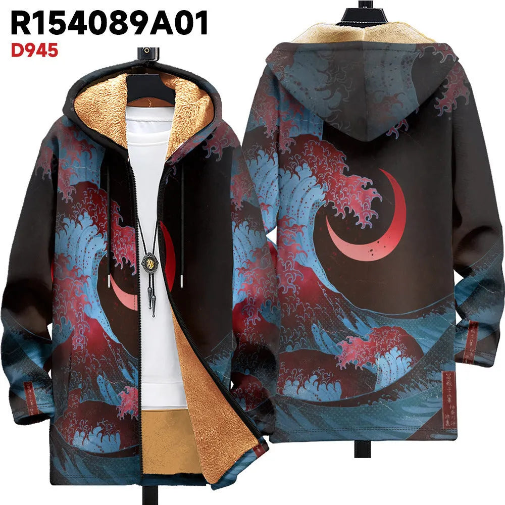 Man wearing a multicolour digitally printed hooded cardigan with a front zipper in a loose fit.