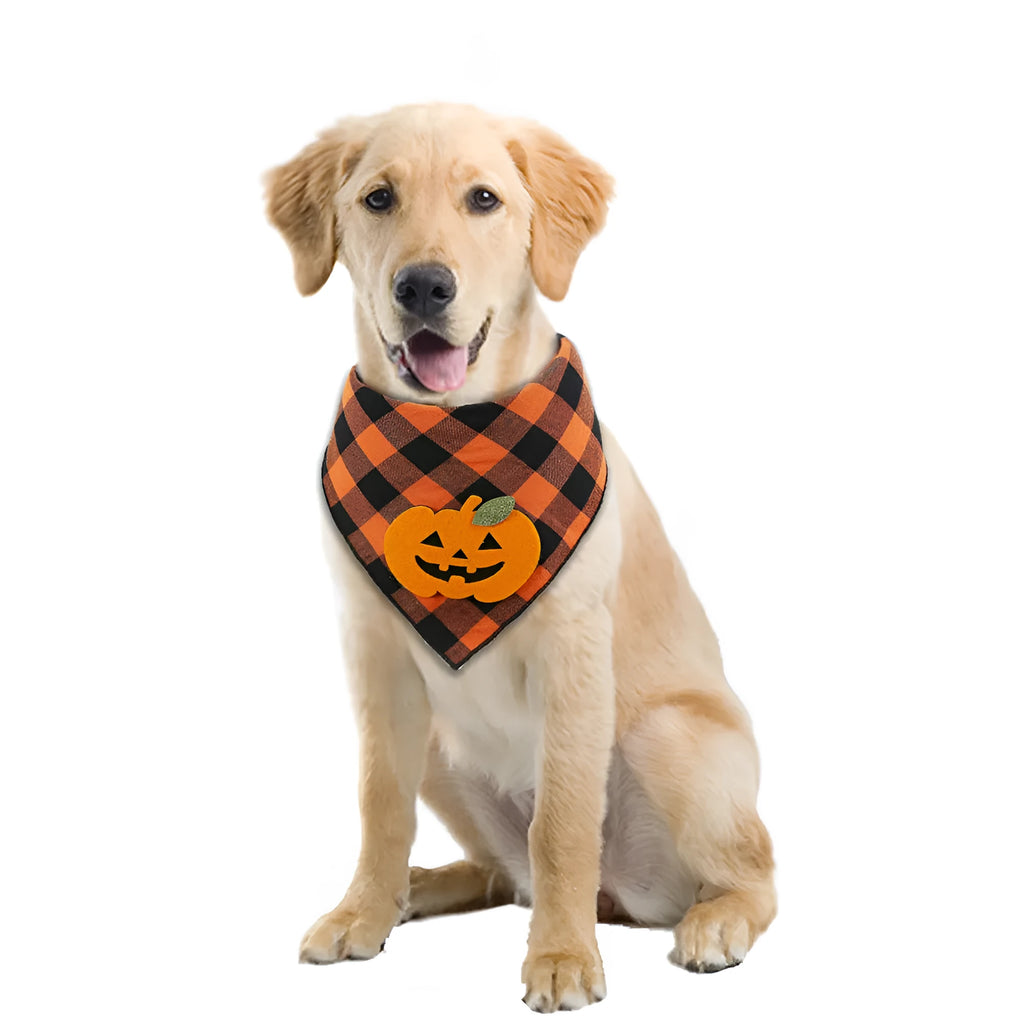 Orange Halloween dog bandana with pumpkin appliques and white skeleton design on plaid pattern