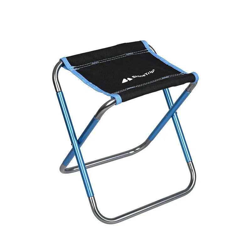 Black folding camp stool with aluminium alloy frame, shown in folded and open positions.